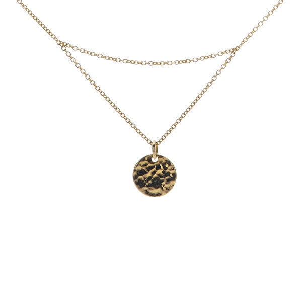 14k gold matahari necklace with hammered disc pendant on fine chain