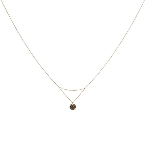 14k gold matahari necklace with hammered disc pendant on fine chain