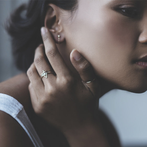 Earrings and ring stacking combinations in 14k gold.
