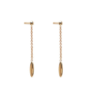 Minimalist solid 14k gold hanging earrings. Delicate fine jewelry.